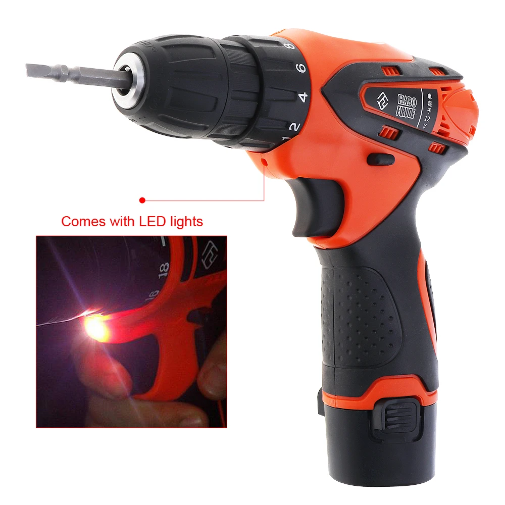 AC100-240V Handling Screws/Punching Cordless 12V Electric Screwdriver with 2 Lithium Batteries and Rotation Adjustment Switch