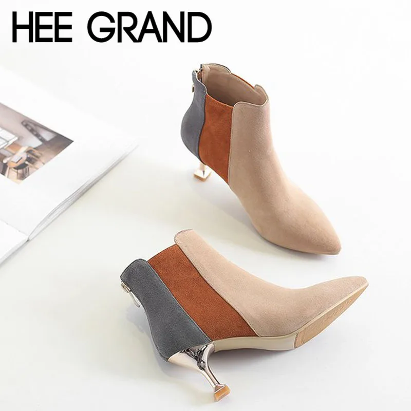 

HEE GRAND Women Fashion Spring Ankle Boots Heeled Zipper Flock Booties with Pointed Toe Patchwork Two Color Thin Heel WXG582