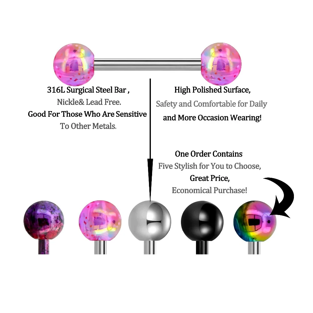 Тела панк 5 шт./компл. 14G пирсинг для языка Нержавеющая сталь красочные прямой штанга для языка кольца с брызгами, ювелирное изделие для тела, Для женщин Для мужчин