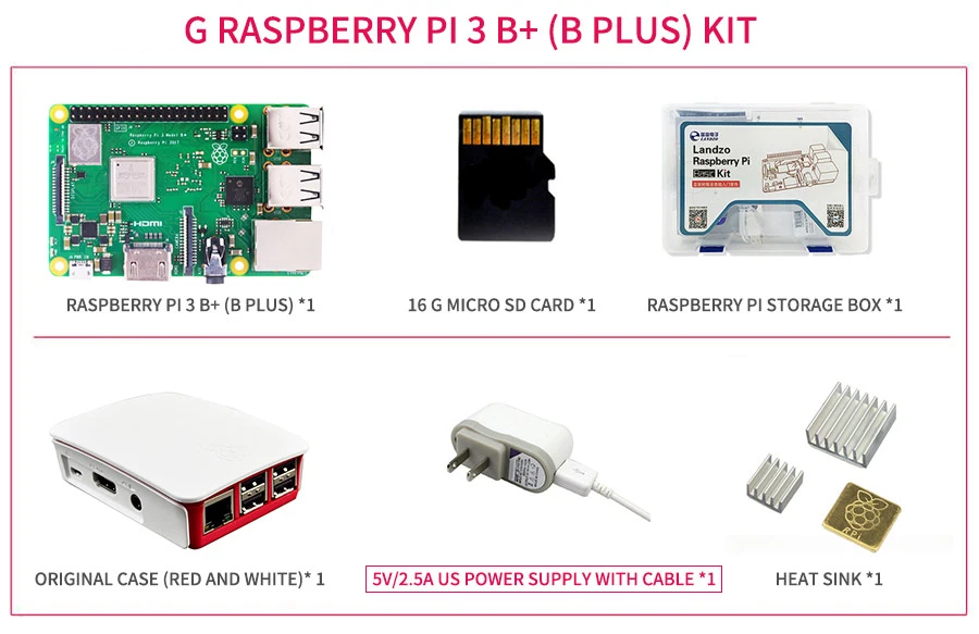 Комплект Raspberry Pi 3 Model B+ Plus-Raspberry Pi 3 plug+ 5V 2.5A US power supply+ Raspberry Pi 3 чехол+ sd-карта 16G+ теплоотвод