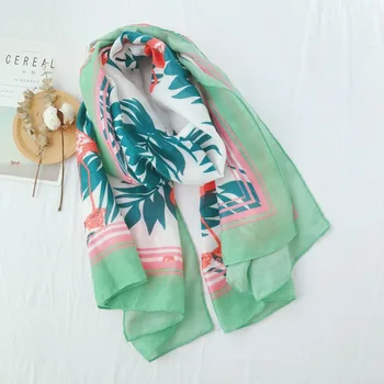 

2019 Women Spring Cotton Long Flamingo Print Scarf Soft Summer Lady's Viscose Shawls Sea Beach Covers Female Wraps Leaf Hijab
