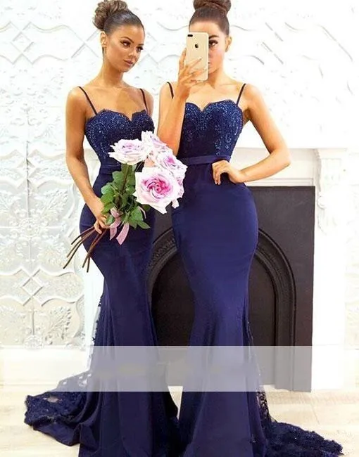 

Blue Bridesmaid Dresses For Women Mermaid Spaghetti Straps Lace Beaded Long Cheap Under 50 Wedding Party Dresses