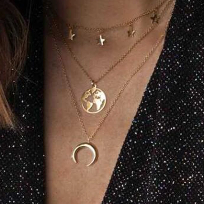Boho Women Multilayer Gold Choker Star Moon Map Chain Pendant Necklace Jewelry 
