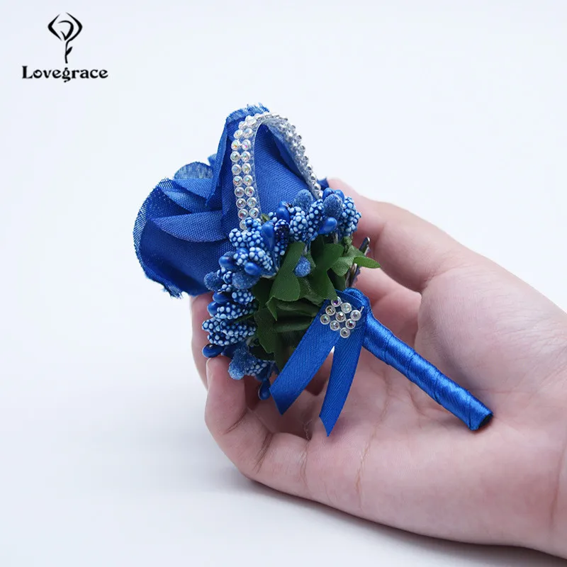 

Bride Groom Corsage Artificial Silk Rose Boutonniere Wrist Flower Blue Pin Brooch Wedding Decoration Stamen Diamond White Flores