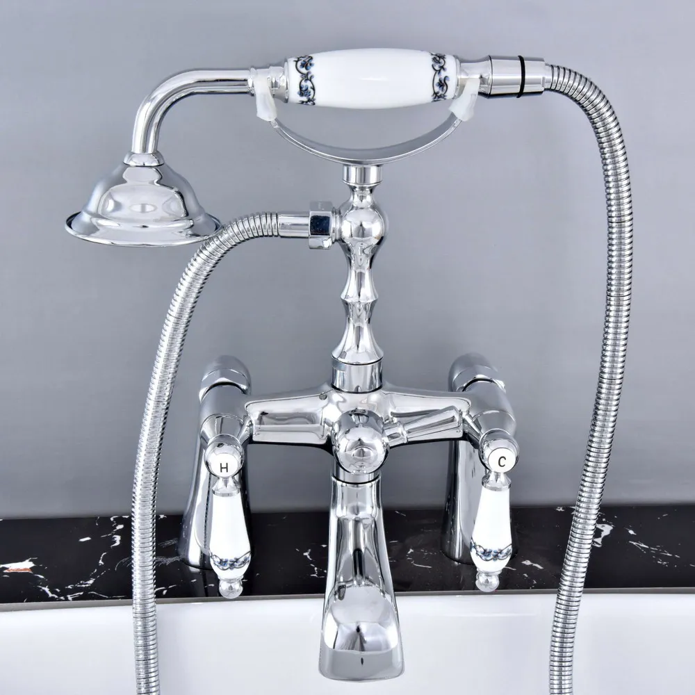 

Polished Chrome Deck Mounted Bathroom Tub Faucet Dual Handles Telephone Style Hand Shower Clawfoot Tub Filler atf767