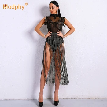 

2019 Women's Sleeveless Fringe Perspective Jumpsuit Sexy Black White Elastic Tight Bandage Triangle Jumpsuit Party Club Jumpsuit