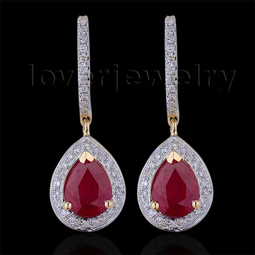 LOVERJEWELRY 100% 천연 다이아몬드 귀걸이, 패션 주얼리, 14Kt 옐로우 골드, 루비 약혼 귀걸이, 여성용 사랑 주얼리 선물