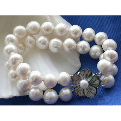 

Charming Women Birthday Chirstmas Gift Pearl Bracelet,2Rows 11-12mm White Freshwater Cultured Pearl Bracelet,Shell Flower Clasp