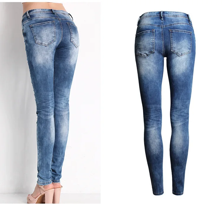 Новый Лидер продаж 2016 года Модные женские хлопковые джинсовые штаны синий низкий Rise Skinny Distressed из эластичного стираного денима джинсы для