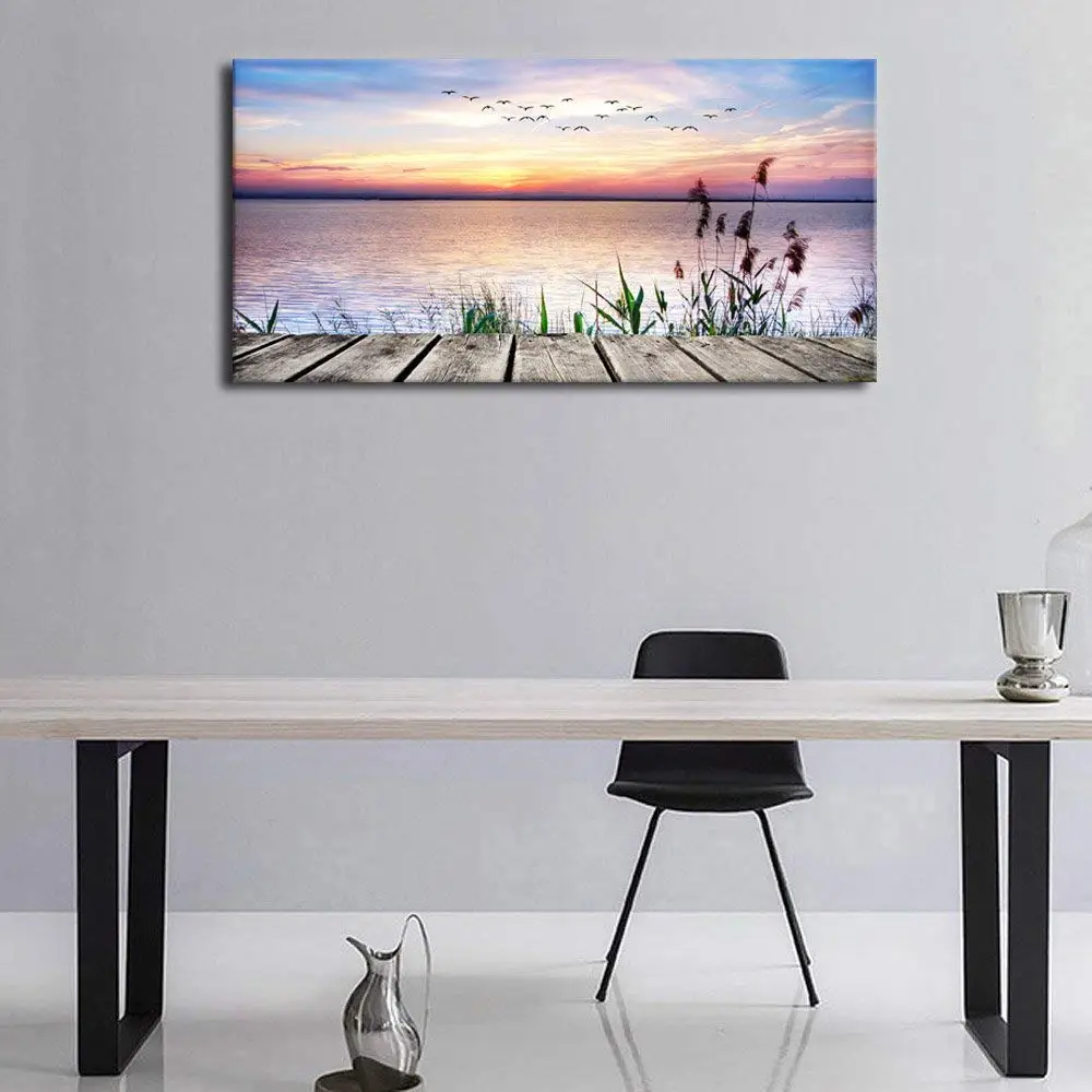 Us 22 34 16 offhd print canvas wall art dock peaceful lake sunset with flying birds panoramic poster painting for kitchen home wall decorative in