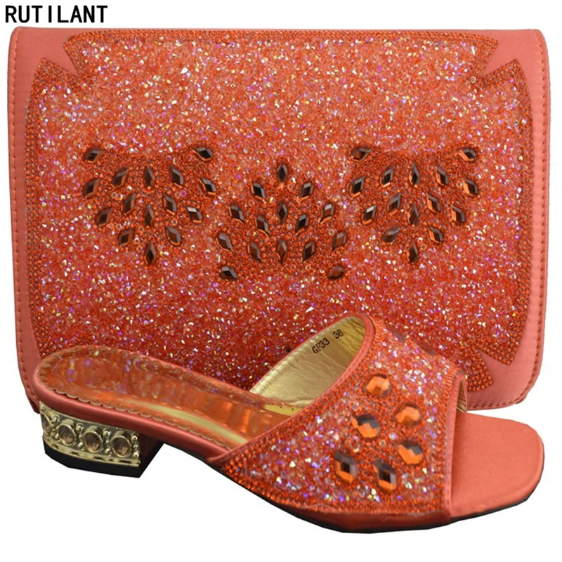 

Orange Color Ladies Italian Shoes and Bag Set Decorated with Rhinestone Shoes and Bags To Match Nigerian Women Shoes and Bag Set