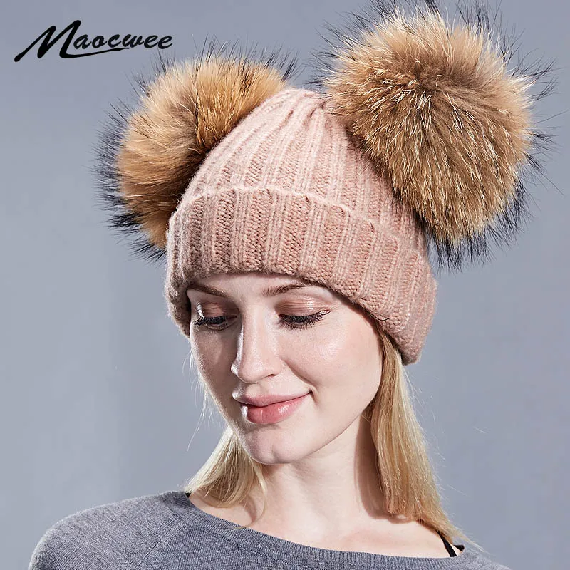 

Real Mink Fur Pompom Hat Women Children Winter Caps Knitted Wool Cotton Hats Two Pom Poms Skullies Beanies Bonnet Girls Cap