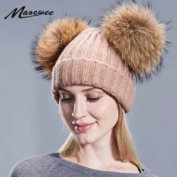 Real Mink Fur Pompom Hat Women Children Winter Caps Knitted Wool Cotton Hats Two Pom Poms Skullies Beanies Bonnet Girls Cap