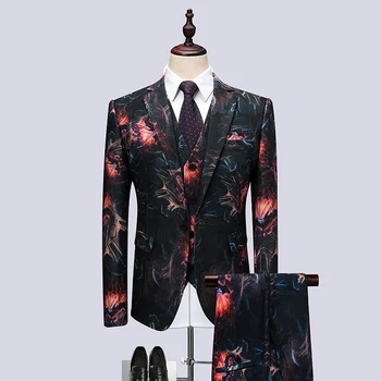 

Jacket+Pants+Vest 2019 Wedding Suits For Men Black Red Dress Printed Suit Groom Tuxedo Italian Suit Plus Size #1858