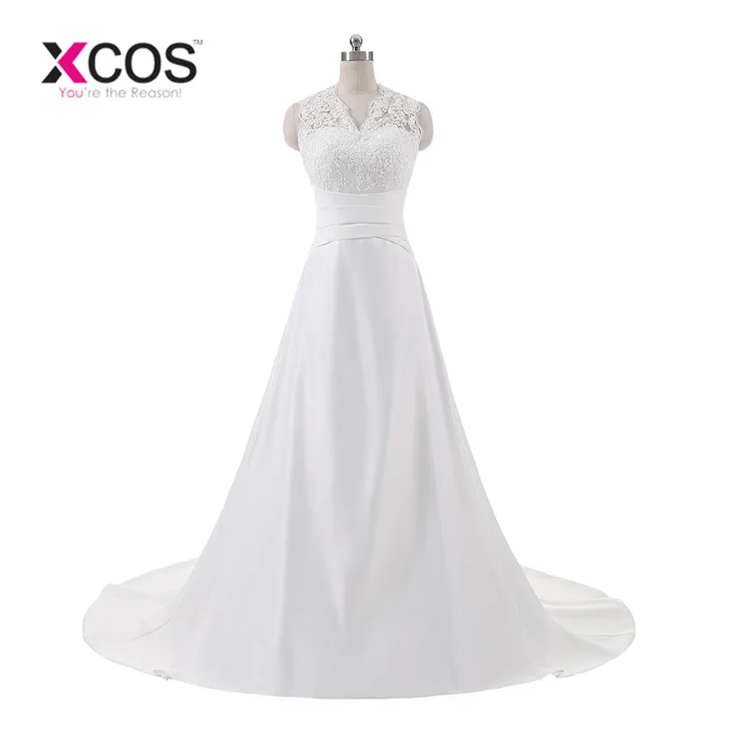 Xcos New Design A Line Lace Wedding Dresses 2018 V Neck Beaded