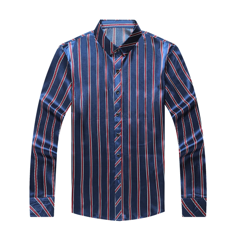 Men Summer Thin Silk Shirt Men Business Casual Shirts Stripe Long Sleeve Print Shirt Cool and breathable