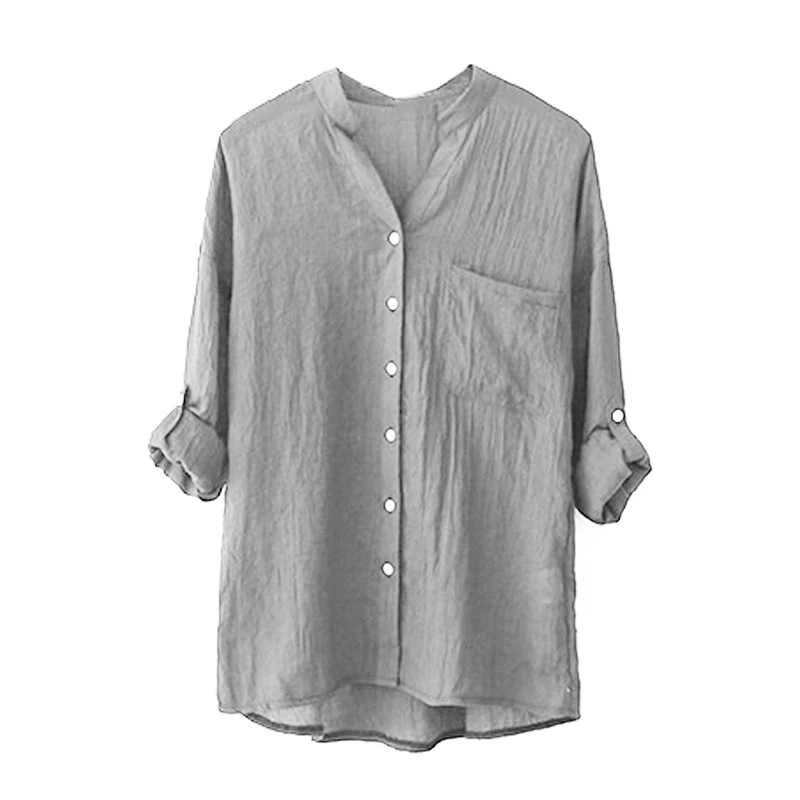 Women Fashion Cotton Linen Long Sleeve Shirt Casual Solid Loose V Neck ...