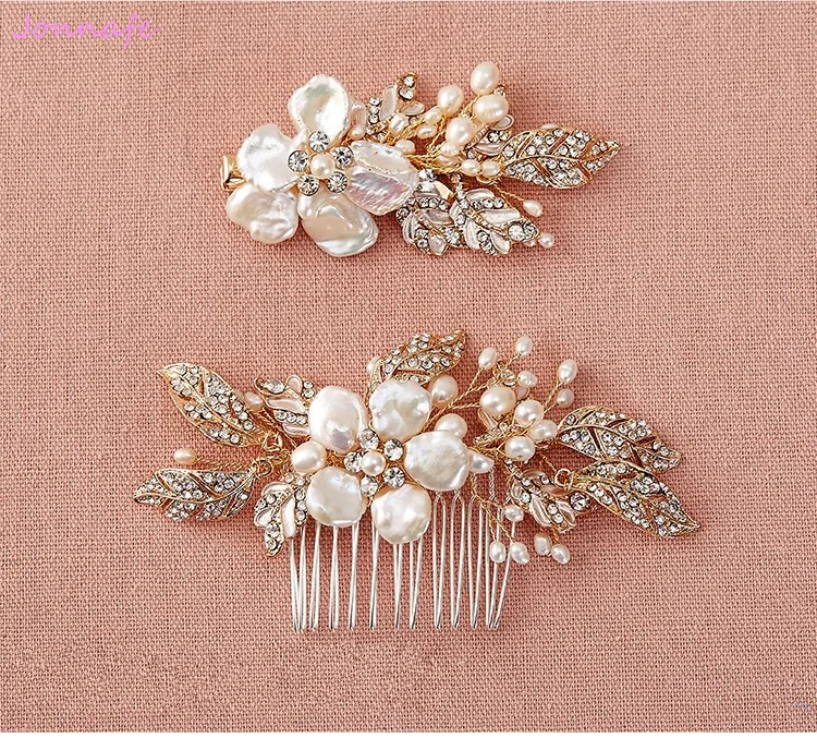 

Jonnafe Shell Floral Hair Clip Bridal Comb Set Gold Headpiece Pearls Wedding Hair Jewelry Accessories Handmade