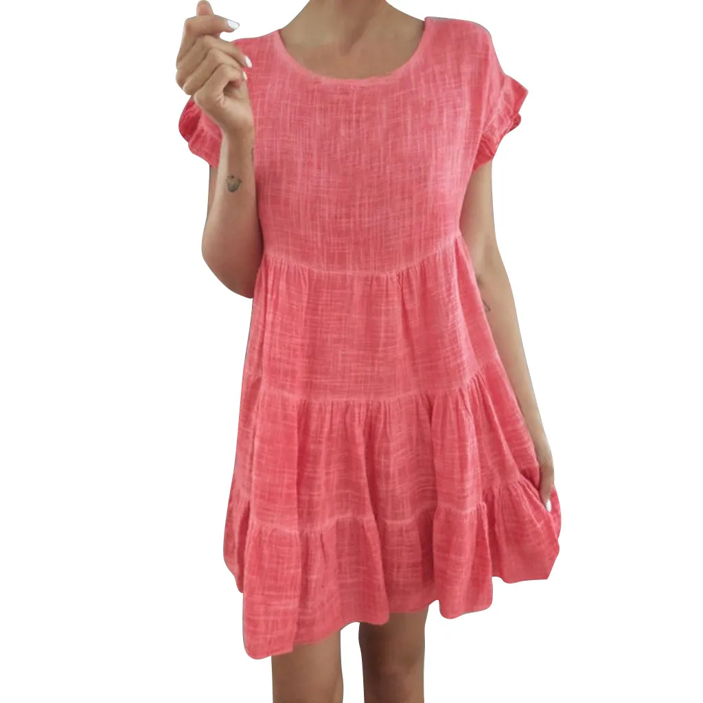 

2019 Summer Sundress Women Beach Dress Vintage Solid O-Neck Ruffles Sleeve Cascading Cotton And Linen Mini Dress L601