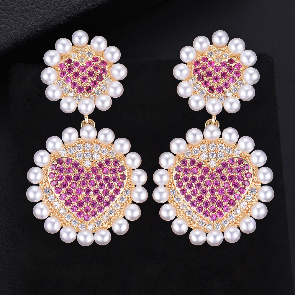 

Lovely Sweet Pink Love Heart Cubic Zirconia Pearl Round Circle Drop Dangle Earrings For Women Wedding Bridal Jewelry