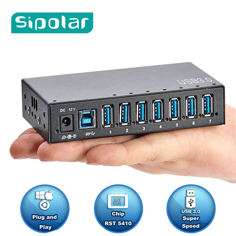 

Sipolar Industrial USB 3.0 Charging Hub 7 Ports 12V USB Charger HUB Aluminum With 12V 3A Power Adapter LED Indicator Bracket