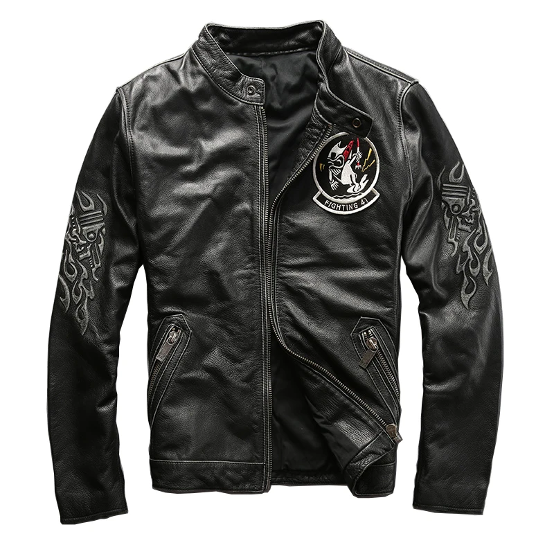 

genuine cow leather clothing stand collar cowhide leather jacket motorcycle rider men's cowhide leather jacket
