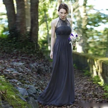 Vestidos De Festa 2017 Gray Bridesmaid Dresses Halter Lace Chiffon Junior Maid of Honor Gowns Long Wedding Guest Dresses BN81