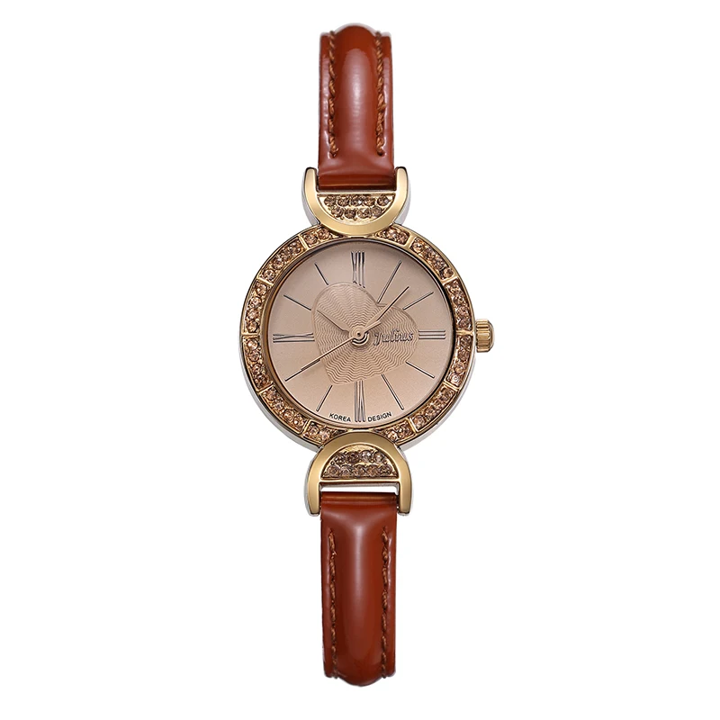 Женские часы Япония кварцевые модные часы кожаный браслет милые мини Стразы в форме сердца подарок для девочки Юлий 779 - Цвет: Коричневый