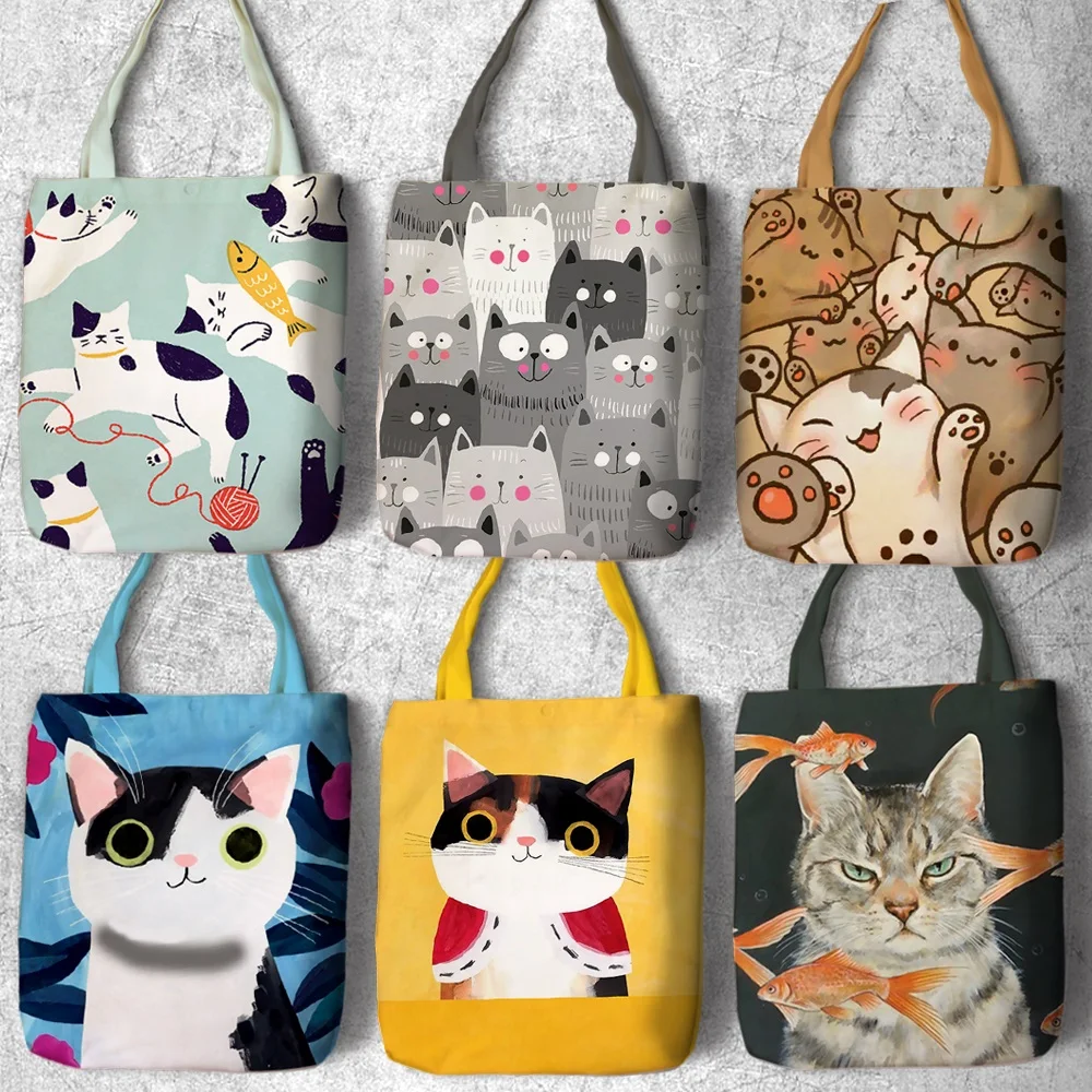 Neko Atsume Парусиновая Сумка тоут с принтом кота из мультфильма большая
