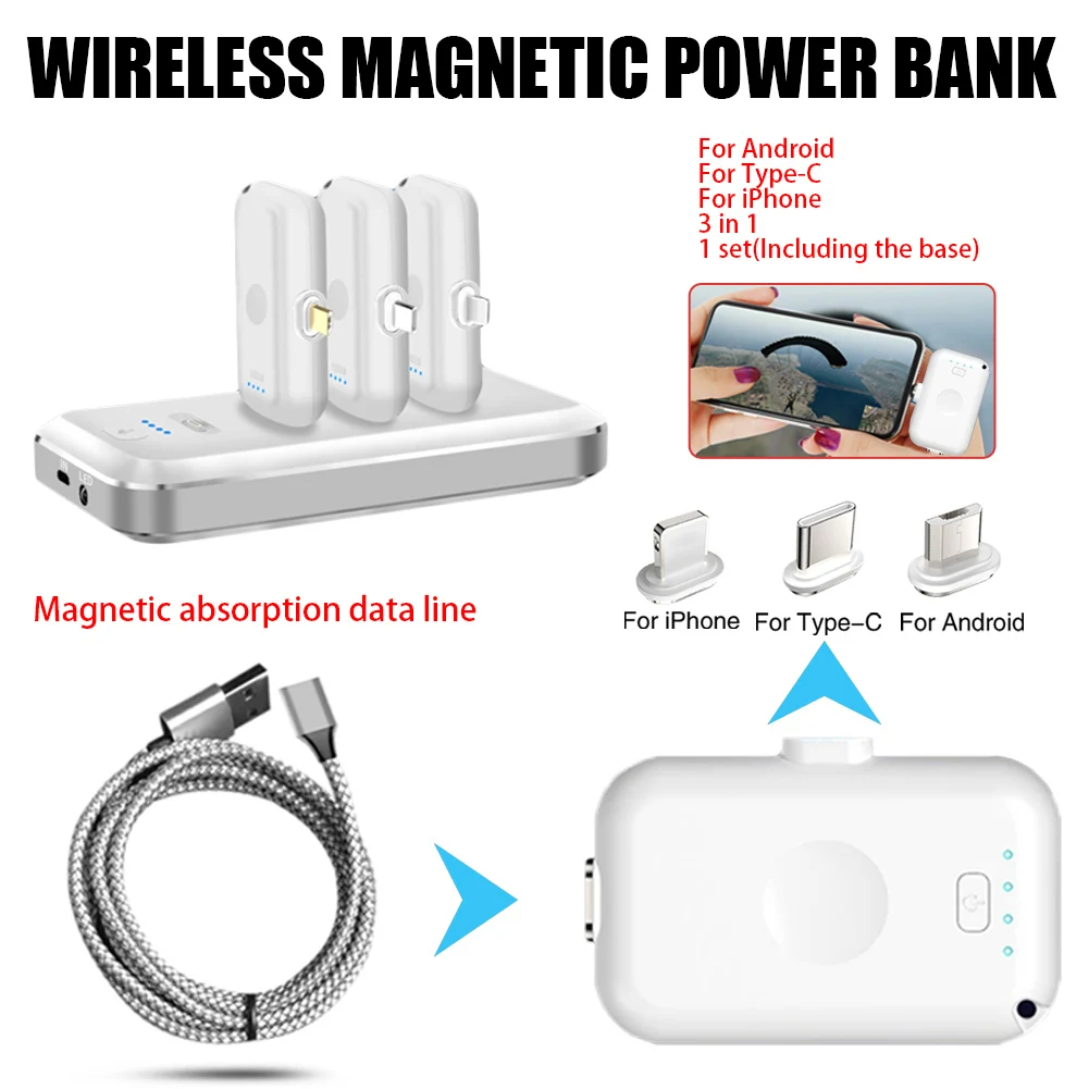 Беспроводной магнитный внешний аккумулятор портативный мини аварийный мобильный источник питания для IPhone Android type C 3 в 1 беспроводная Магнитная Зарядка