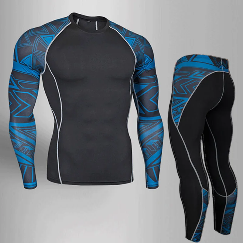 Мужская футболка для бега, фирменный спортивный костюм из 2 предметов, мужской комплект, Спортивная футболка+ компрессионные штаны, стрейчевая дышащая одежда для ММА, Рашгард - Цвет: Set