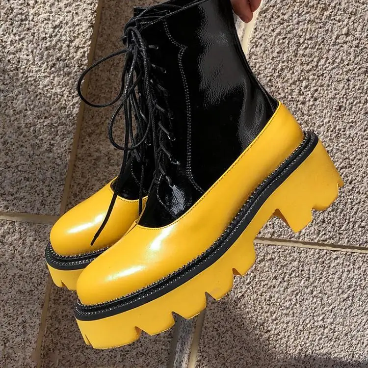 

Runway Patchwork Mixed Color Ankle Boots For Women Orange Black Shiny Leather Botas Mujer Round Toe Cross Buckle Womens Shoes