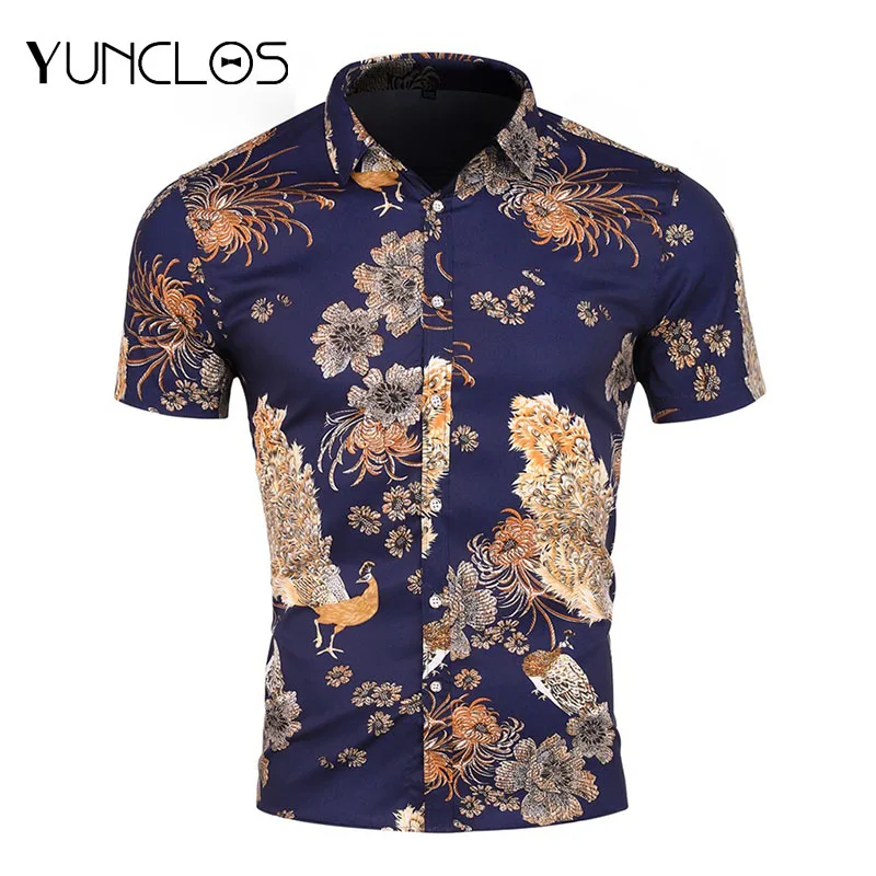 

YUNCLOS New Summer Men Shirt Peacock Print Casual Shirts Men Fashion Brand Clothing Printed Short Sleeve Camisa Masculina