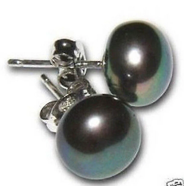 

-hotGENUINE 7-8MM BLACK FRESHWATER PEARL EARRING STERLING SILVER STUD AA A0422