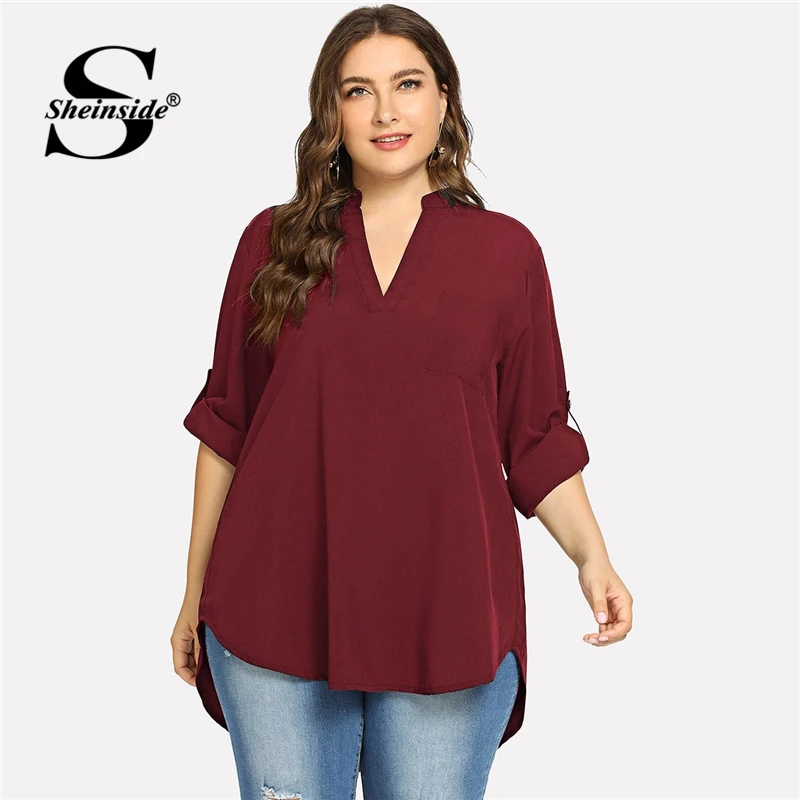  Sheinside Plus Size 4 Color V Neck Roll Up Sleeve Top Asymmetrical Long Chiffon Blouse Women Shirts