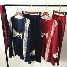 Дамская шелковая женская ночная рубашка пижамные комплекты кружевная ночная сексуальная пижама жилет короткая рубашка 3 шт три цвета