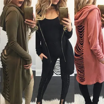 

New Fashion Women Destroyed Back Trench Hooded Casual Autumn Street Wear Clothes Fashion Long Cardigan Trench Coat Zip Clothes