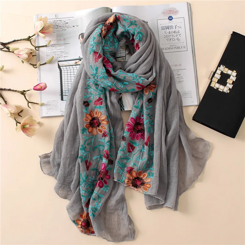 Зимний теплый шарф с вышивкой женские шарфы из хлопка пашмины шаль и хиджабы - Цвет: light gray