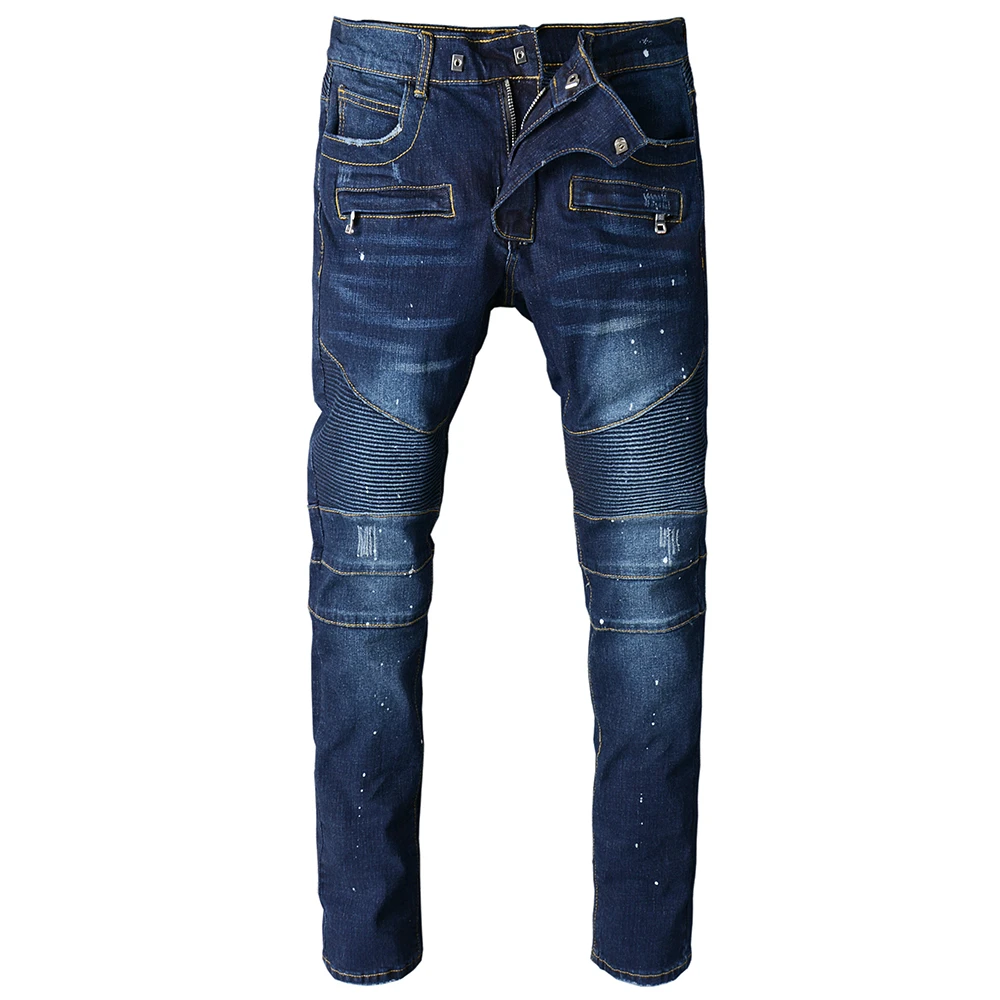 

High Quality Mens Jeans Blue Casual Skinny Jeans Men Slim Zipper Design Biker Jeans Hip Hop Ripped Jeans Men Stretch Denim Pants