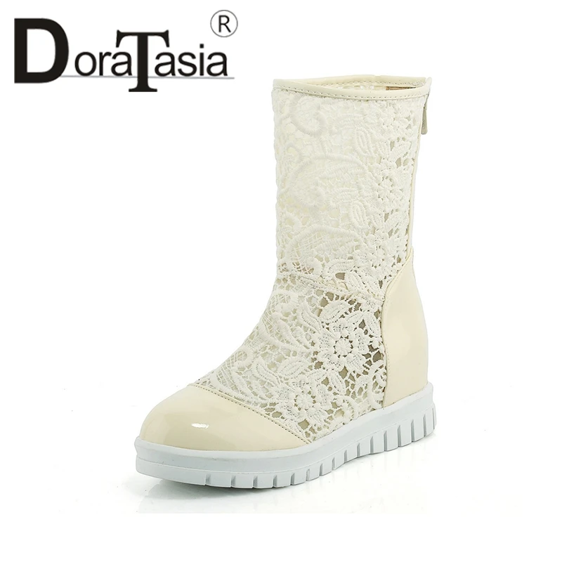 

DoraTasia 2019 New Round Toe Zip Up Summer Boots Shoes Woman Increasing Heels Platform Black White Women Shoes Large Size 33-43