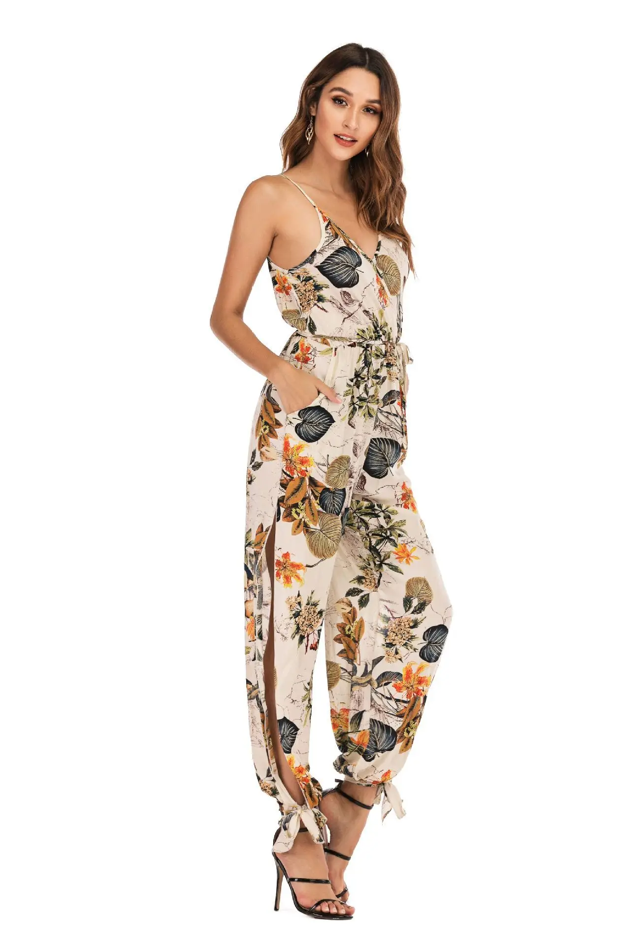 Summer Jumpsuit Sexy Deep V Neck Sleelveless Floral Printing Split Ankle Length Jumpsuit Women Summer Clothes Summer Jumpsuit Sexy Deep V Neck Sleelveless Floral Printing Split Ankle Length Jumpsuit Women Summer Clothes