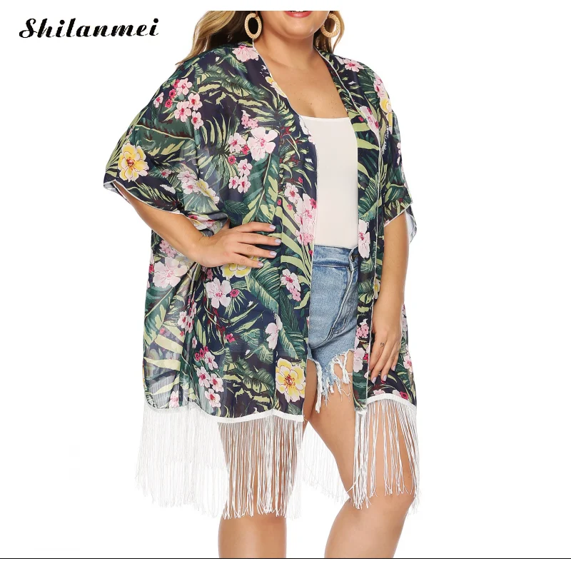 Casual Women Summer Blouses Chiffon Tassels Swimming Cover Ups Printed Floral Green Bohemia Boho Fashion Pull Femme Tops Shirt |