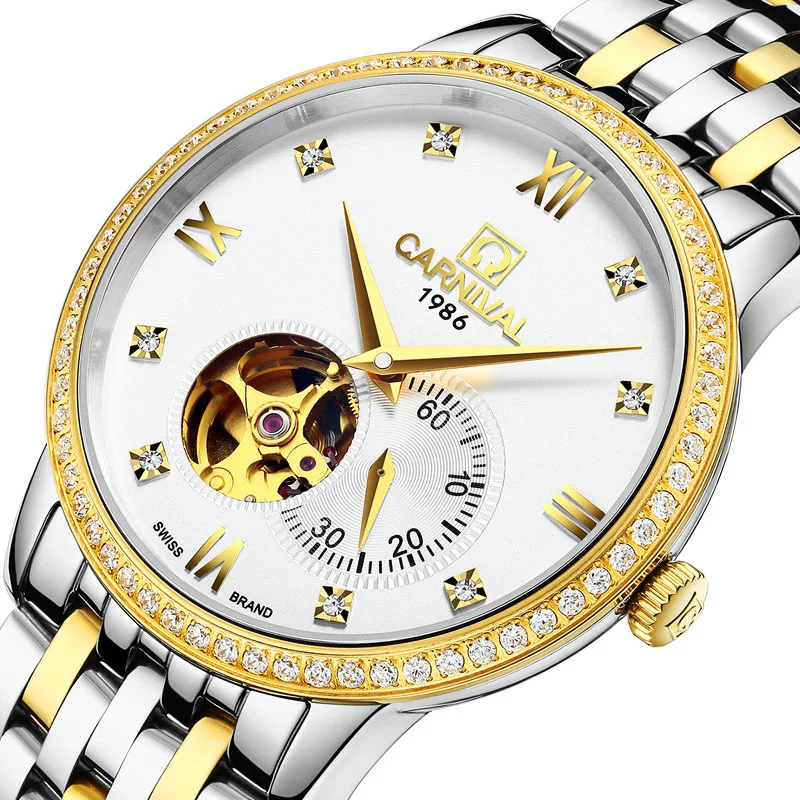 

Carnival Watch Men Skeleton Dial Automatic Mechanical Luminous Silver Stainless Steel Waterproof multifunction Watches