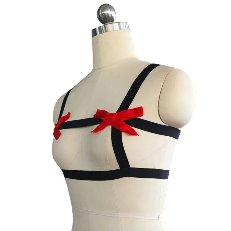 New Sexy Lingerie Open Bra Women Erotic Lingerie Red Bow Black Bandage Hollow Out Backless Bra Bikini Bralette Top Sexy Costumes