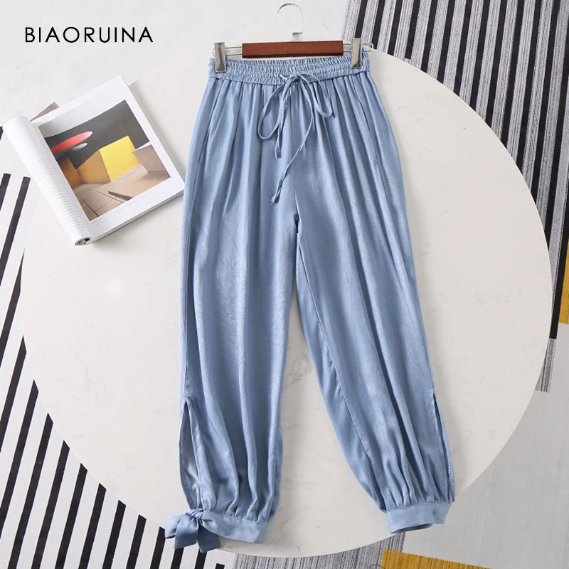 

BIAORUINA Women Tencel Thin Lantern Pant Bow Drawstring Female Casual Elastic High Waist Pant Loose Style Fashion Pant Trousers