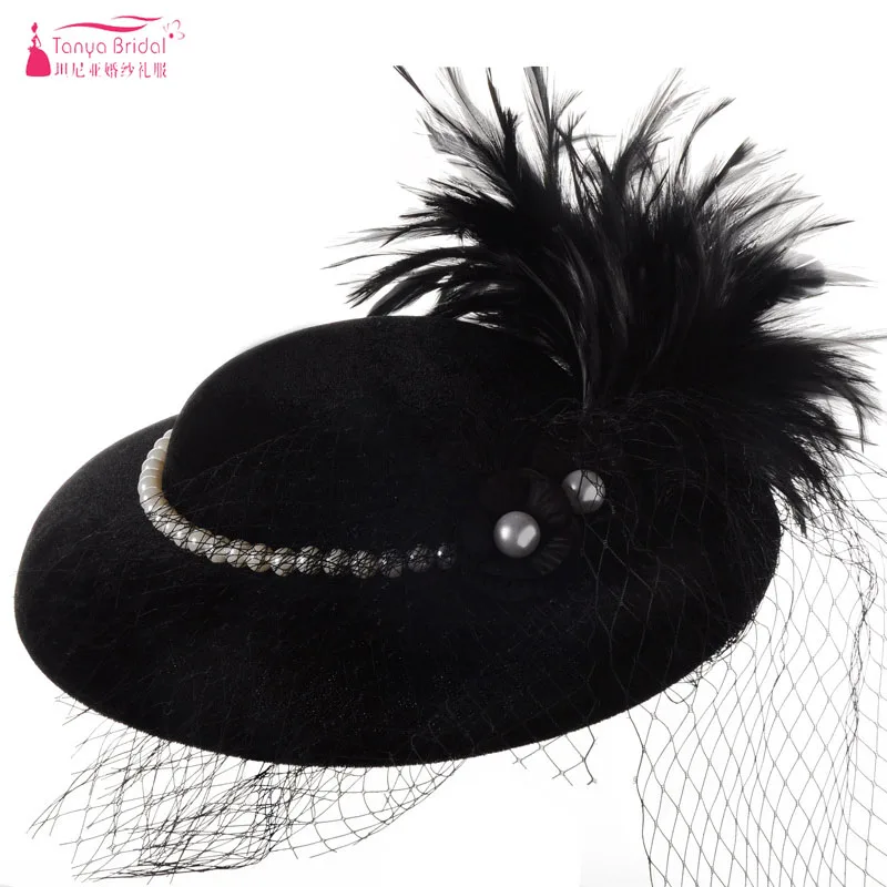 Черные Свадебные шляпы перьевой Тюль Жемчуг элегантность леди церемония головные уборы аксессуары ZH052