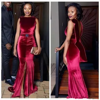 

Elegant Dark Red Velvet Prom Dresses Beaded Sash Sexy Front Split Mermaid Evening Gowns Backless Floor Length Formal Party Dress