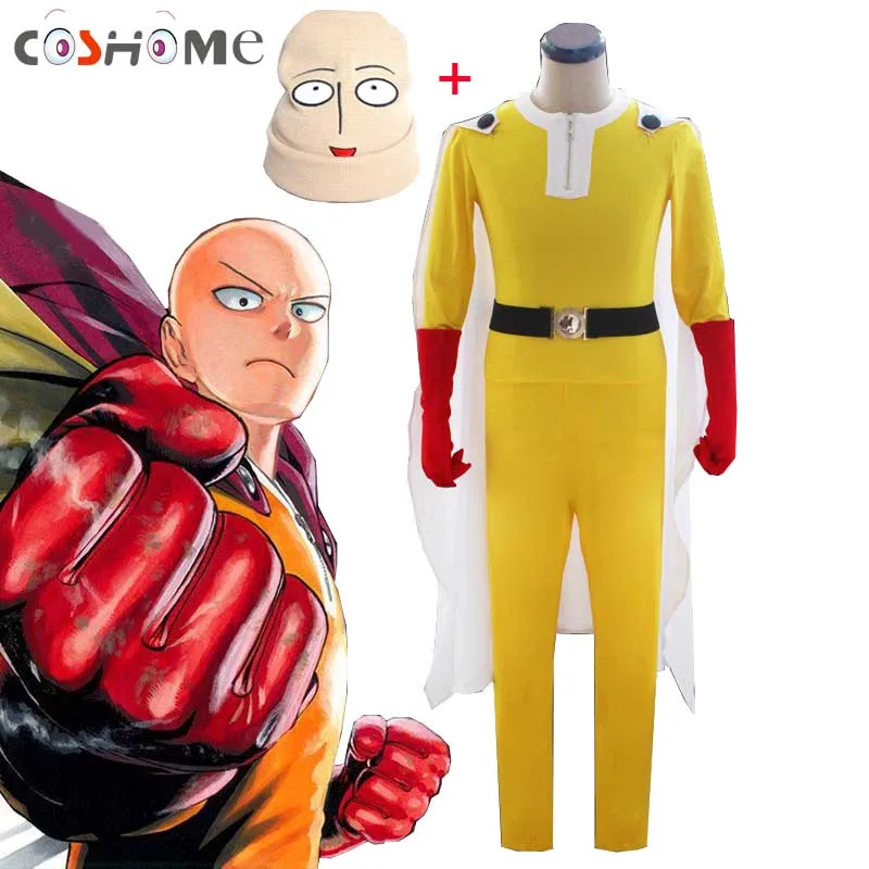 Coshome One Punch Man костюмы для косплея Saitama Косплей костюмы+ плащ+ пояс+ шляпа+ перчатки полный набор для Хэллоуина Вечерние