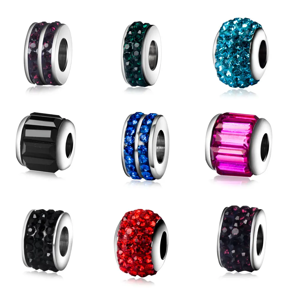 

50pcs/lot 200+ Mix Designs and Colors Stainless Steel European Spacer Beads Big Hole Spacer Crystal Stone Bead Charms Wholesale