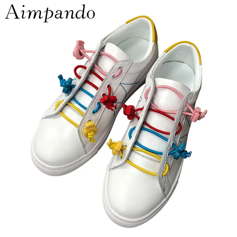 

Colorful Lace-up Spring White Shoes Woman Platform Shoes Round Toe Real Leather Elastic Band Casual Flat Shoes Woman
